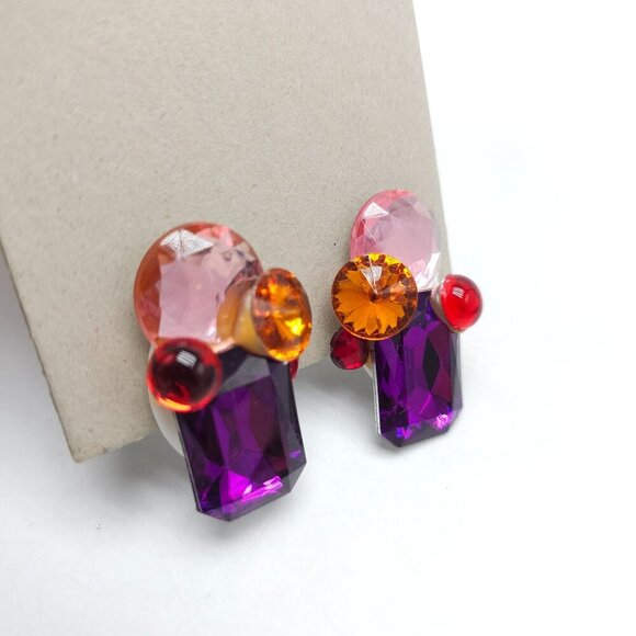 Vintage 1980s Acrylic Clip-On Earrings In Purple Pink Orange Red Geometric - Picture 2 of 5